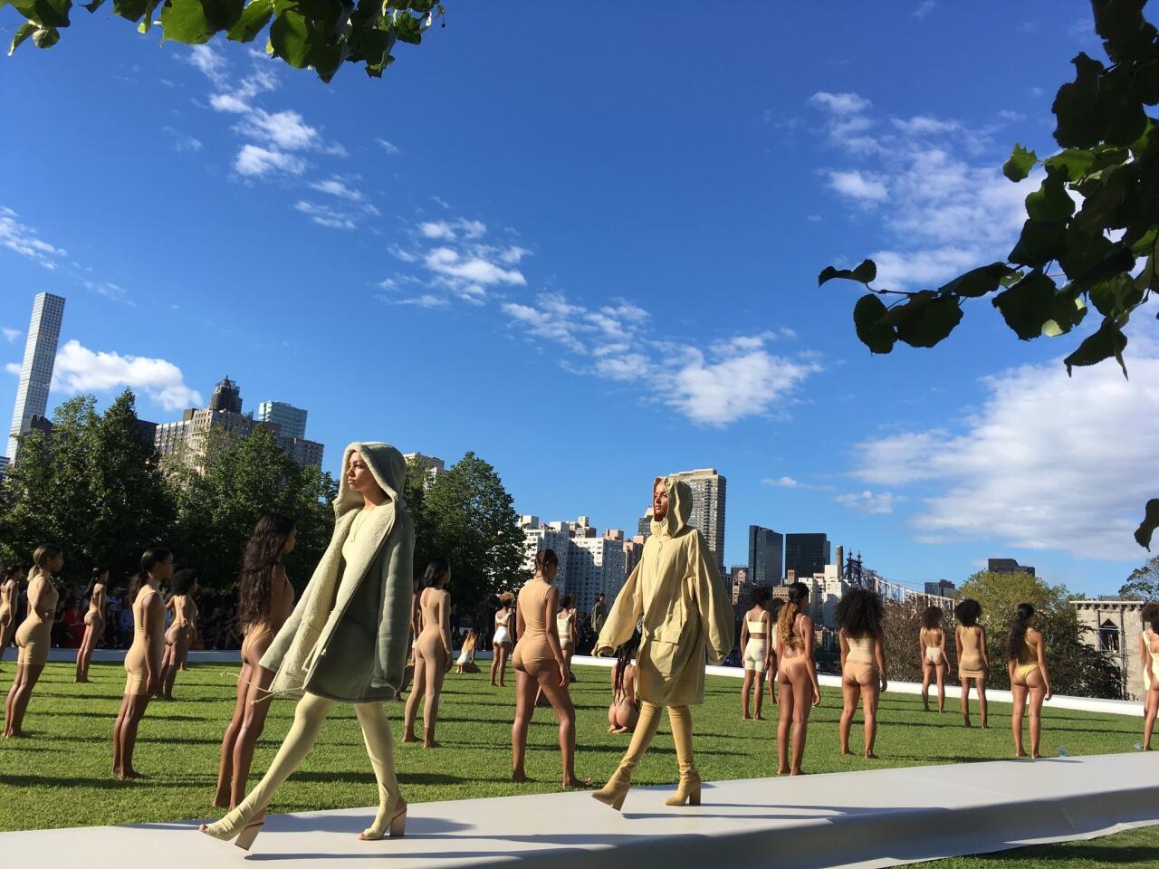 Models wear the Yeezy Season 4 collection by Kanye West during a fashion show, Wednesday, Sept. 7, 2016, at the Franklin D. Roosevelt Four Freedoms Park on Roosevelt Island in New York.