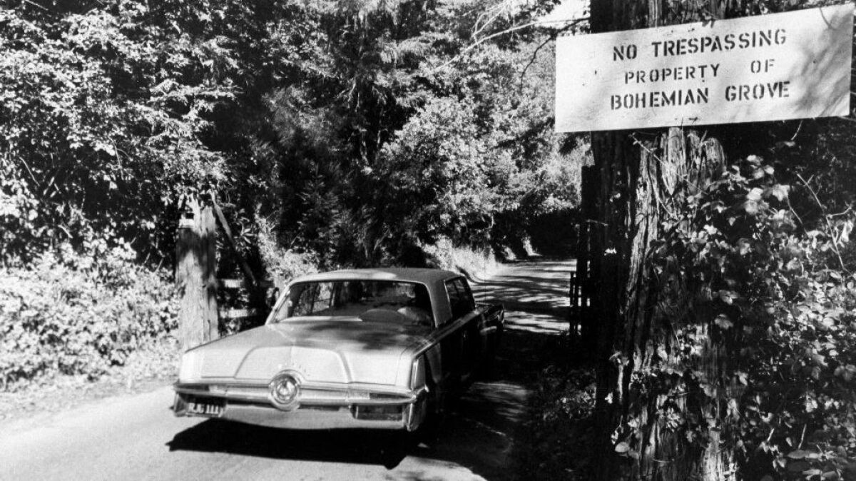 A 1971 file photo shows the roadway into the exclusive Bohemian Grove, a quiet encampment north of San Francisco in Monte Rio, Calif.