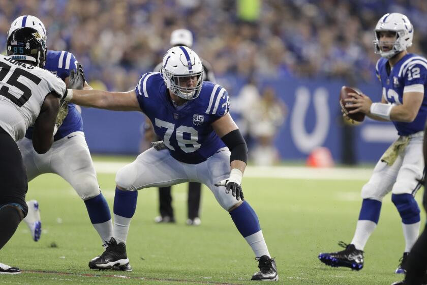 Indianapolis Colts center Ryan Kelly (78) blocks against the Jacksonville Jaguars during the first half of an NFL football game in Indianapolis, Sunday, Nov. 11, 2018. (AP Photo/Darron Cummings)