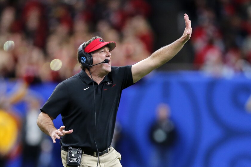 Georgia coach Kirby Smart calls out from along the sideline