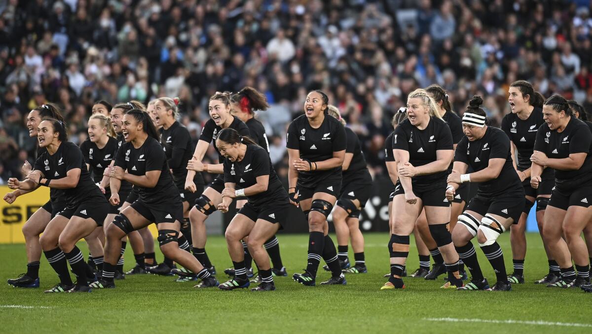 The New Zealand Black Ferns perform the haka — the ceremonial war dance — before their Women's Rugby World Cup.