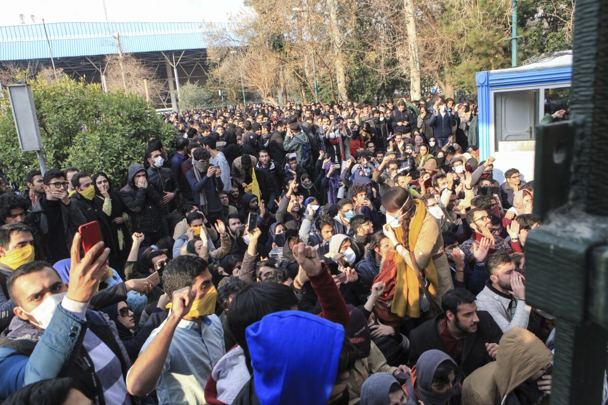 Students at a protest outside Tehran University in 2017.