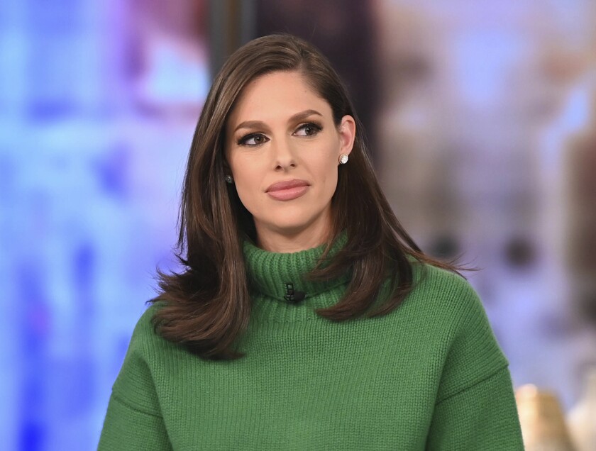 This image released by ABC shows co-host Abby Huntsman on "The View." Huntsman said Monday, Jan. 13, 2020, she's leaving to help run her father's campaign for governor of Utah and spend more time with her family. She joined the show in September 2018 and her departure will leave Meghan McCain as the show's only real conservative voice. (Jenny Anderson/ABC via AP)