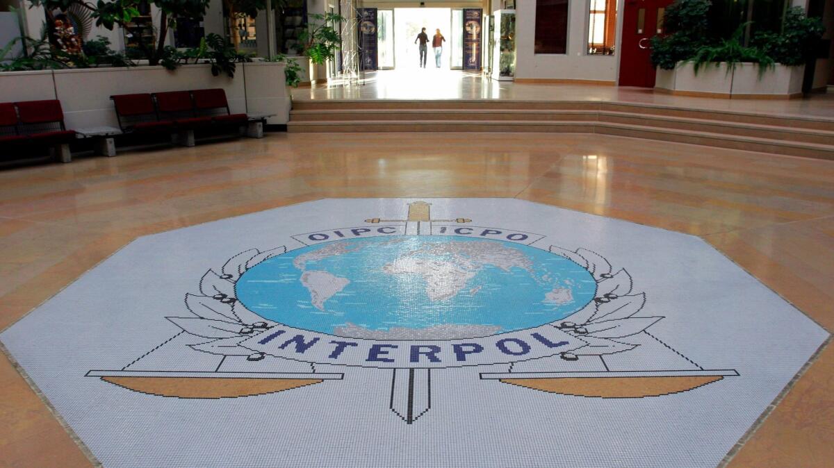 The entrance hall of Interpol's headquarters in Lyon, France, on Oct. 16, 2007.