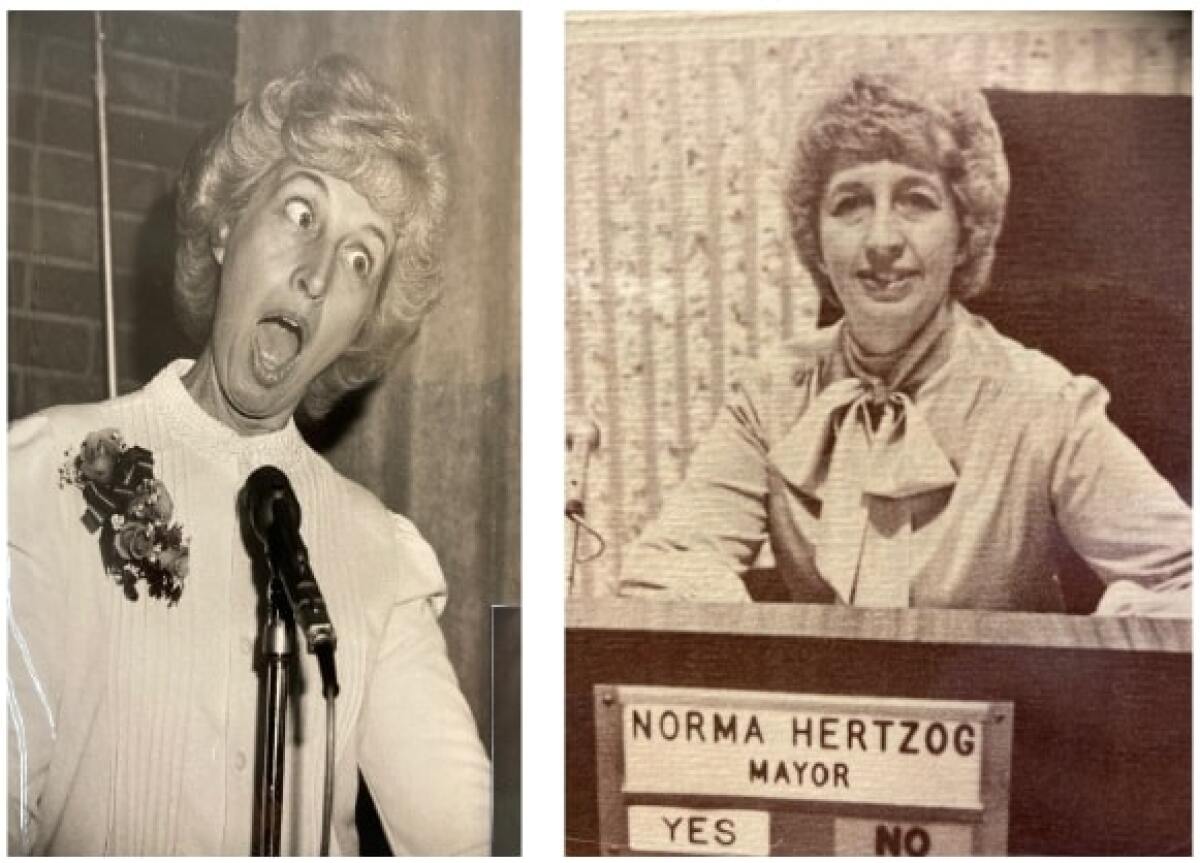 A pair of images show the humorous and professional sides of Norma Hertzog.