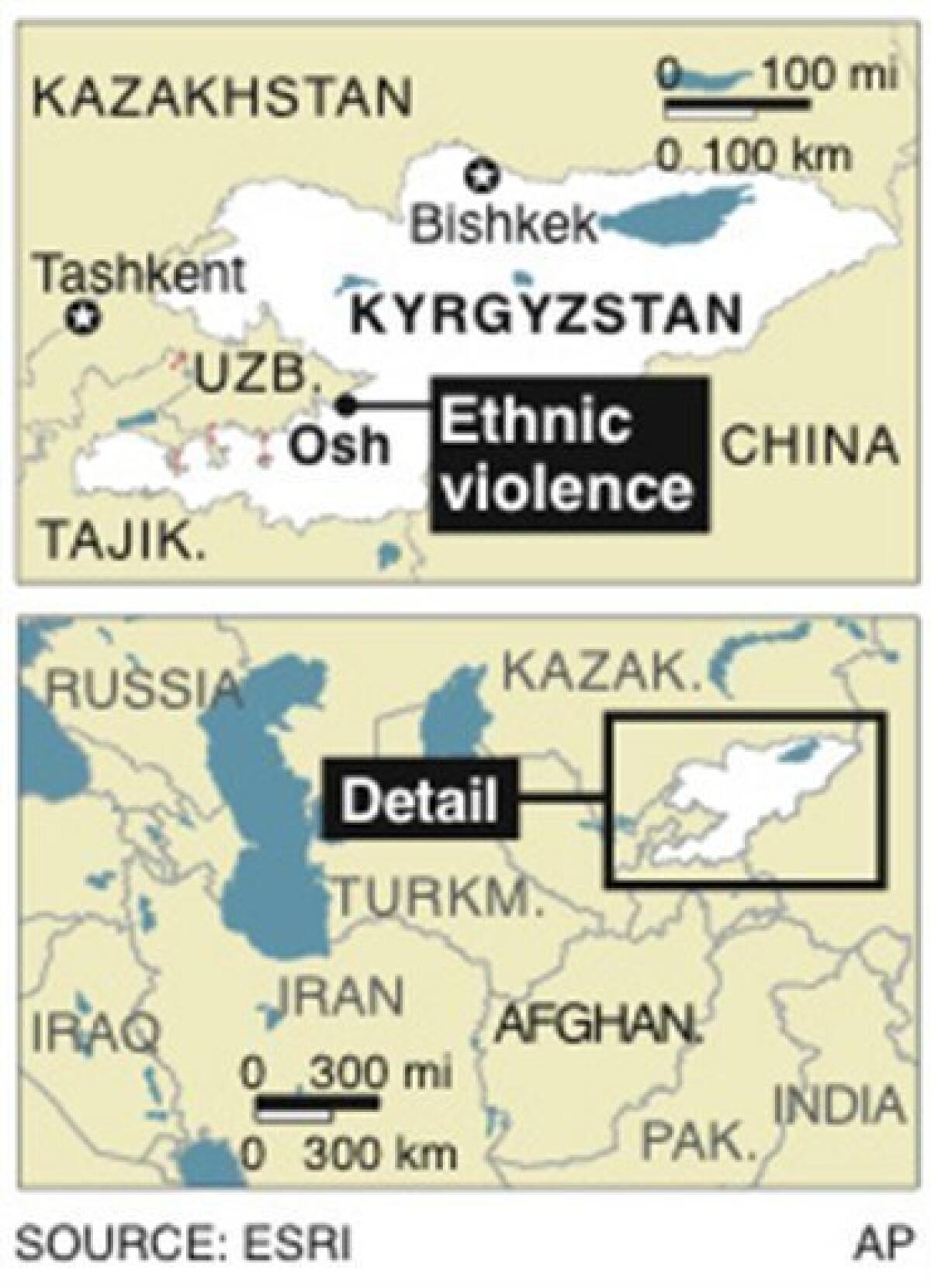 Map locates Osh in Kyrgyzstan where ethnic violence has broken out