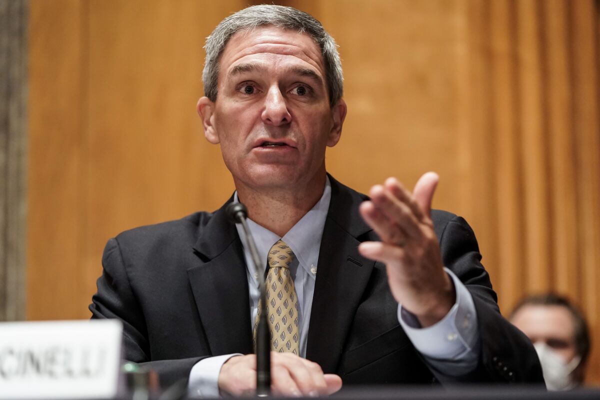 Department of Homeland Security Acting Deputy Secretary Ken Cuccinelli testifies during a Senate Homeland Security and Governmental Affairs Committee hearing on "Threats to the Homeland" Thursday, Sept. 24, 2020 on Capitol Hill in Washington. (Joshua Roberts/Pool via AP)