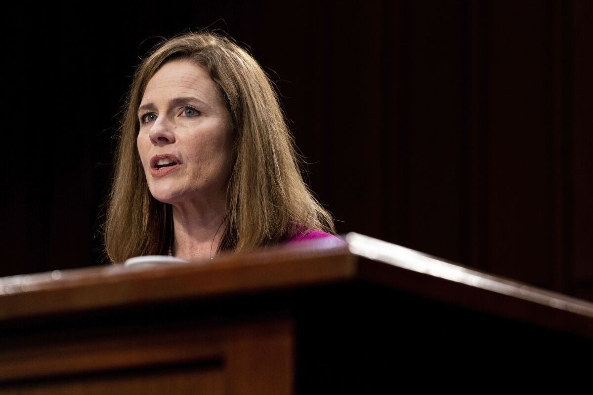 Supreme Court nominee Amy Coney Barrett speaks during her Senate Judiciary Committee confirmation hearing Oct. 12.