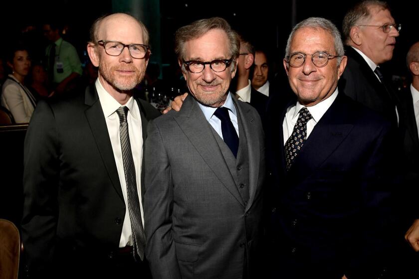 BEVERLY HILLS, CA - NOVEMBER 05: (L-R) Ron Howard, USC Shoah Foundation Founder Steven Spielberg, and Vice Chairman of NBCUniversal Ron Meyer attend the Ambassadors For Humanity Gala Benefiting USC Shoah Foundation Honoring Rita Wilson And Tom Hanks at The Beverly Hilton Hotel on November 5, 2018 in Beverly Hills, California. ** OUTS - ELSENT, FPG, CM - OUTS * NM, PH, VA if sourced by CT, LA or MoD **