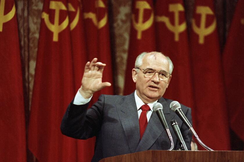 FILE - Soviet President Mikhail Gorbachev addresses a group of 150 business executives in San Francisco, Monday, June 5, 1990. Russian news agencies are reporting that former Soviet President Mikhail Gorbachev has died at 91. The Tass, RIA Novosti and Interfax news agencies cited the Central Clinical Hospital. (AP Photo/David Longstreath, File)