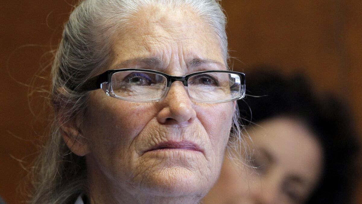 Leslie Van Houten appears during a parole hearing at the California Institution for Women in Chino, Calif., on June 5, 2013.