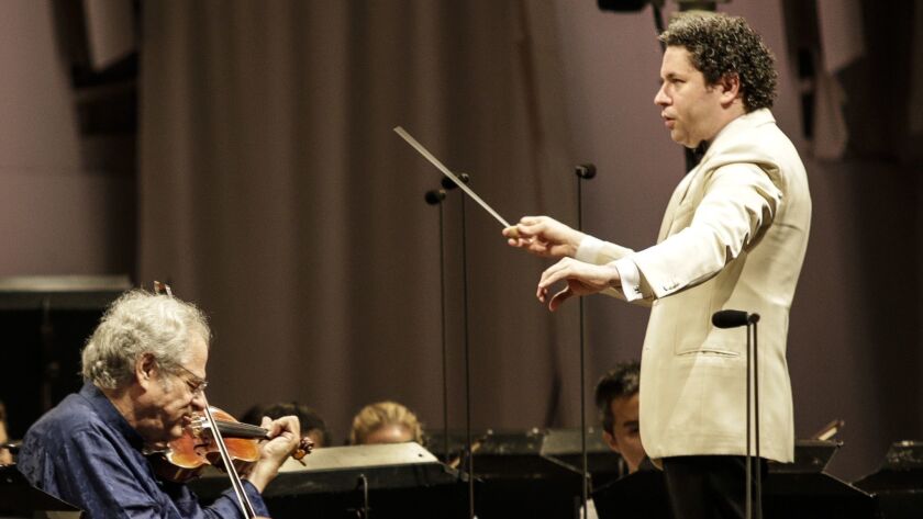 Violinist Itzhak Perlman marks the 50th anniversary of his Hollywood Bowl debut as soloist in Mendelssohn's Violin Concerto by playing the concerto Tuesday night with Gustavo Dudamel and the Los Angeles Phliharmonic.
