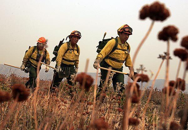 Fire crews from New Mexico cut a fire line in Juniper Hills to keep the Station fire from spreading. Overnight Saturday, the blaze grew to 157,220 acres, making it the 10th-largest fire in modern California history, fire officials said. The fire was 51% contained. A large plume of smoke drifted into the areas of Juniper Hills and Littlerock, and Incident Commander Michael Bryant said the fire was about five miles from Juniper Hills. We want our communities not to panic, Bryant said. Fire officials said the fires jump of the Angeles Crest Highway also threatened several structures.