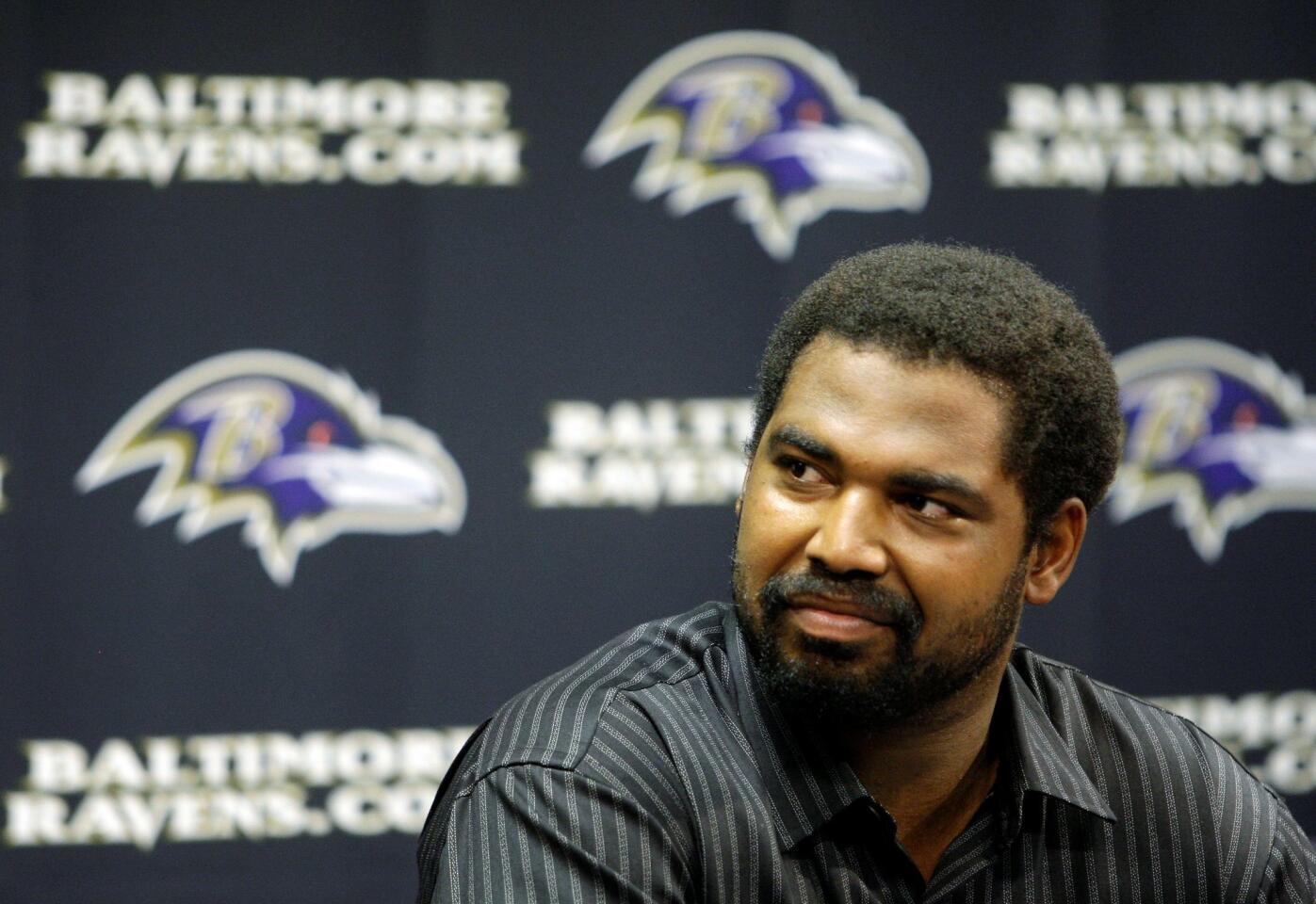 Ravens tackle Jonathan Ogden during a news conference in which he announced his retirement.