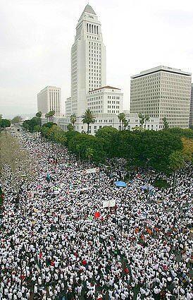 The protest march in downtown Los Angeles went from Broadway and Olympic to City Hall.