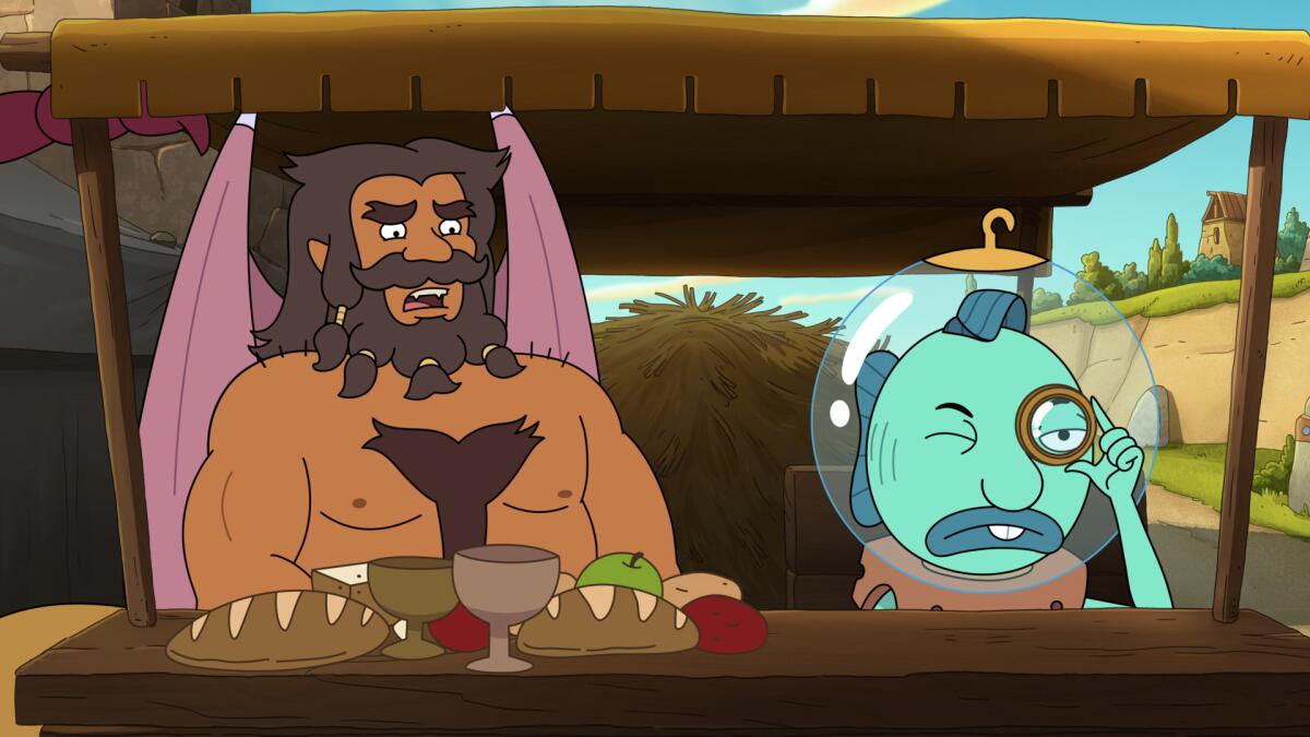 Shlub, a brown centaur-manitcore, sits next to Hippocampus, a fish-man with a glass globe over his head.
