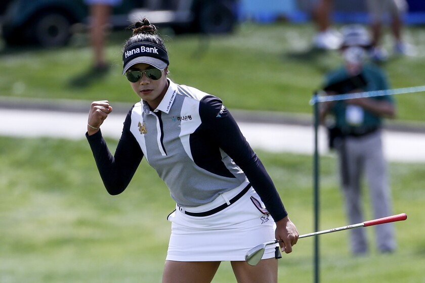 Patty Tavatanakit reacts after sinking a shot on the second hole during the final round of the LPGA ANA Inspiration.