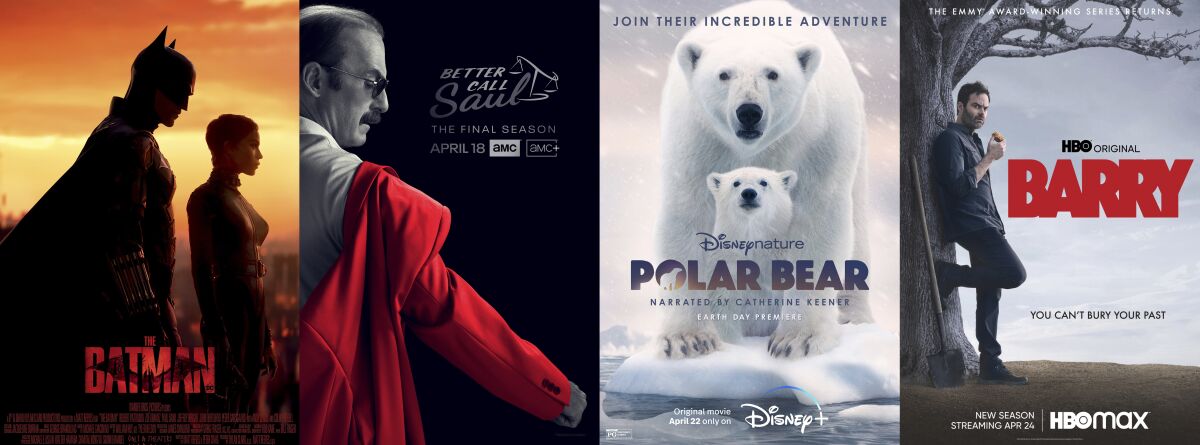 This combination of photos shows promotional art for, from left, the film "Batman," streaming Monday on HBO Max, "Better Call Saul," the final season premiering April 18, on AMC and AMC+, "Polar Bear," a film premiering April 22 on Disney+ and "Barry," returning for a third season on HBO Max on April 24. (HBOMax/AMC/Disney+/HBOMax via AP)