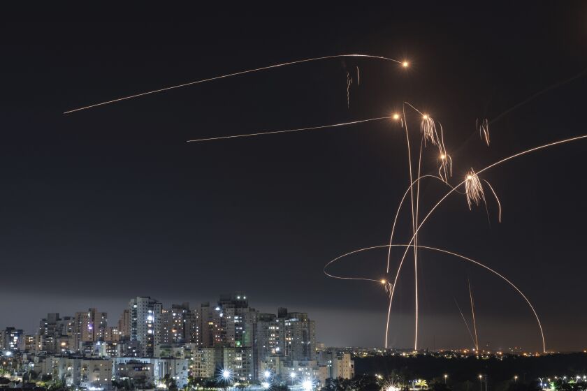 Israel's Iron Dome missile defense system interceptors rockets launched from the Gaza Strip in Ashkelon, southern Israel. Thursday, May 11, 2023. (AP Photo/Tsafrir Abayov)