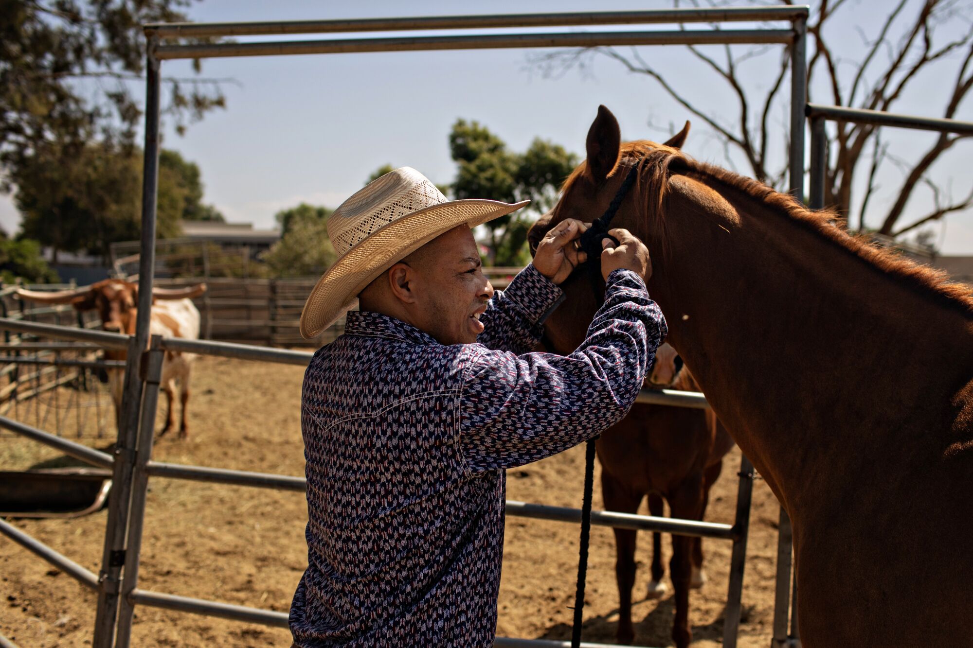 A man in a cowboy hat standing on a ranch, with a horse and blue sky behind him