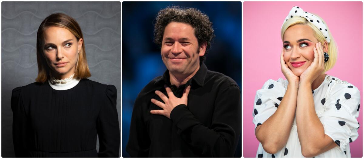 Natalie Portman, left, Gustavo Dudamel and Katy Perry.