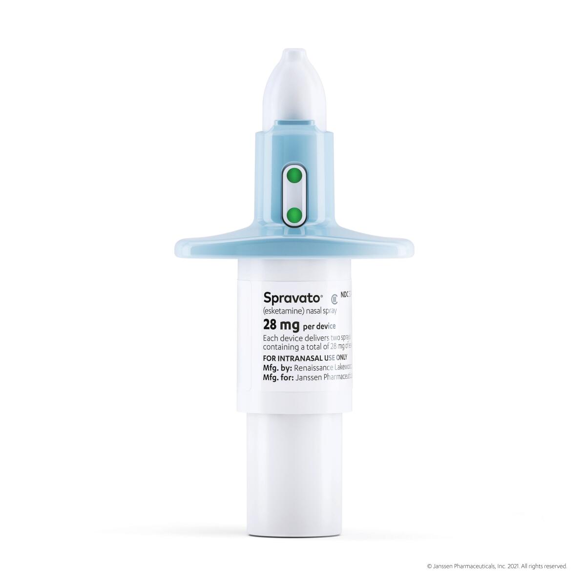 A bottle of Spravato, a prescription nasal spray containing a component of ketamine
