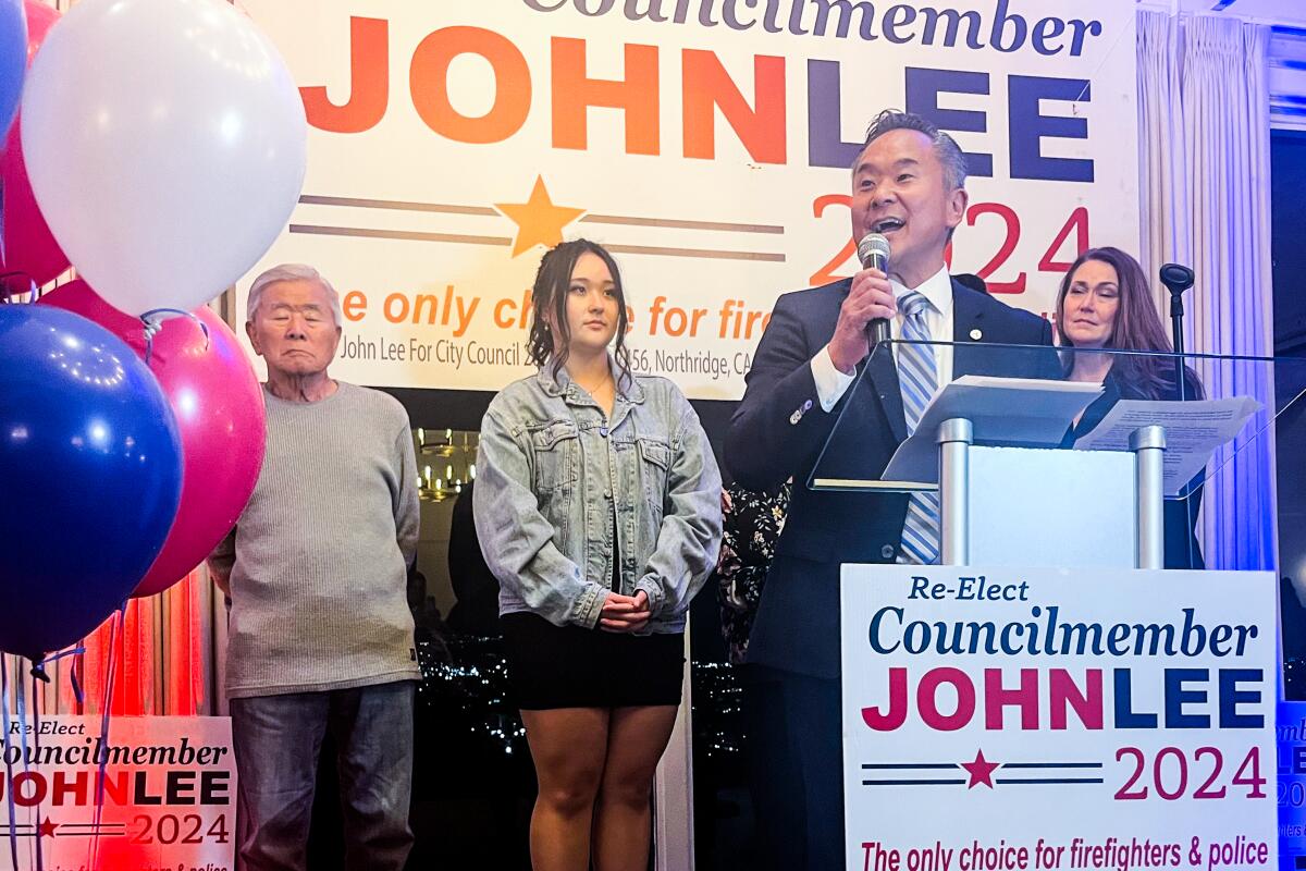 L.A. City Councilman John Lee addresses supporters in at the Odyssey restaurant in Granada Hills.