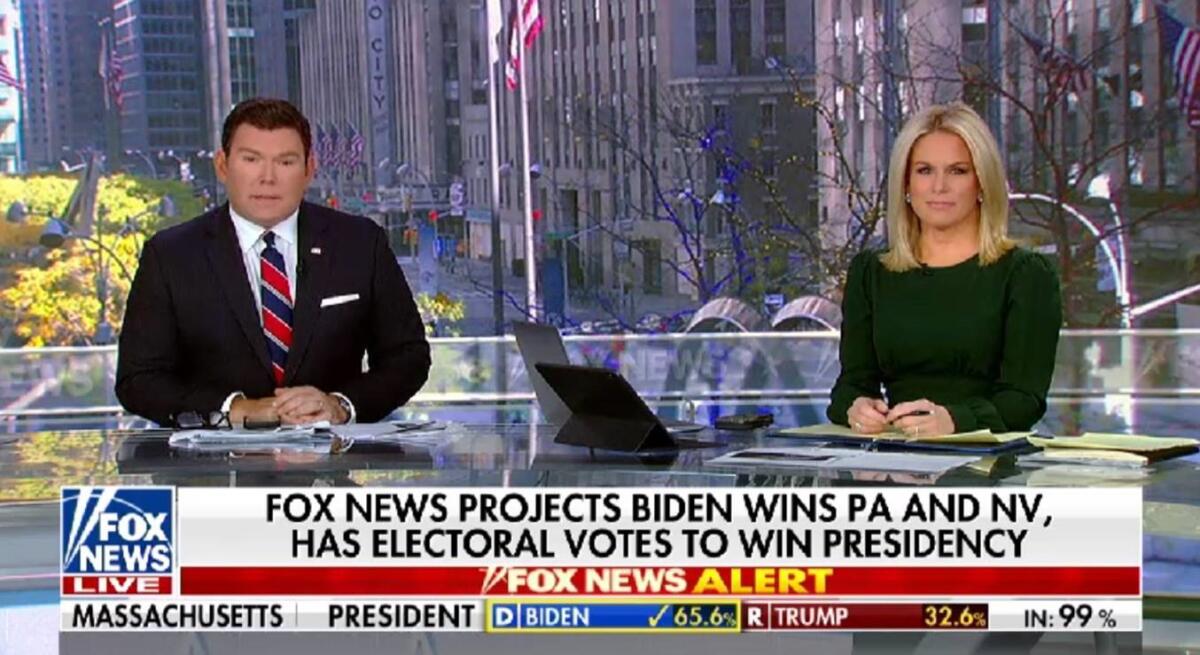 Fox News anchors Bret Baier and Martha MacCallum call the presidential election for Biden.