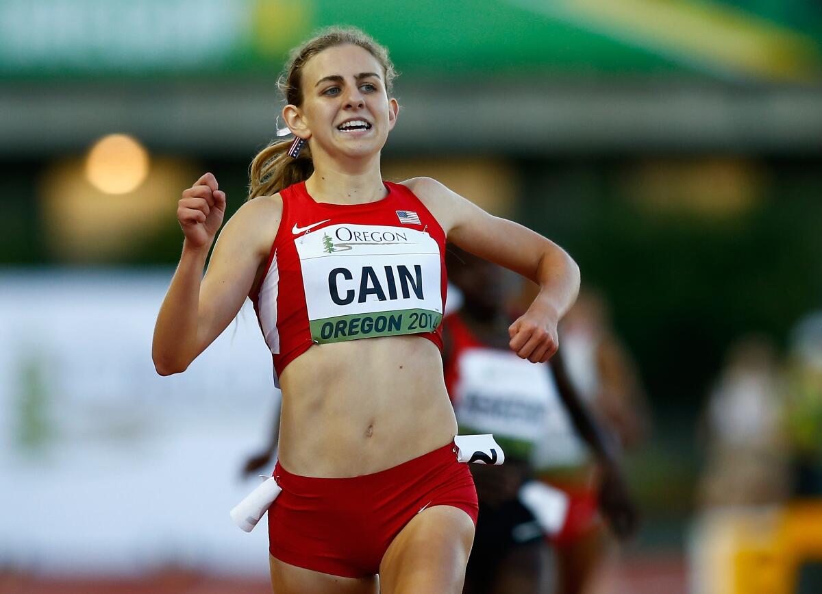 Mary Cain runs during the IAAF World Junior Championships on July 24, 2014, in Eugene, Ore. 