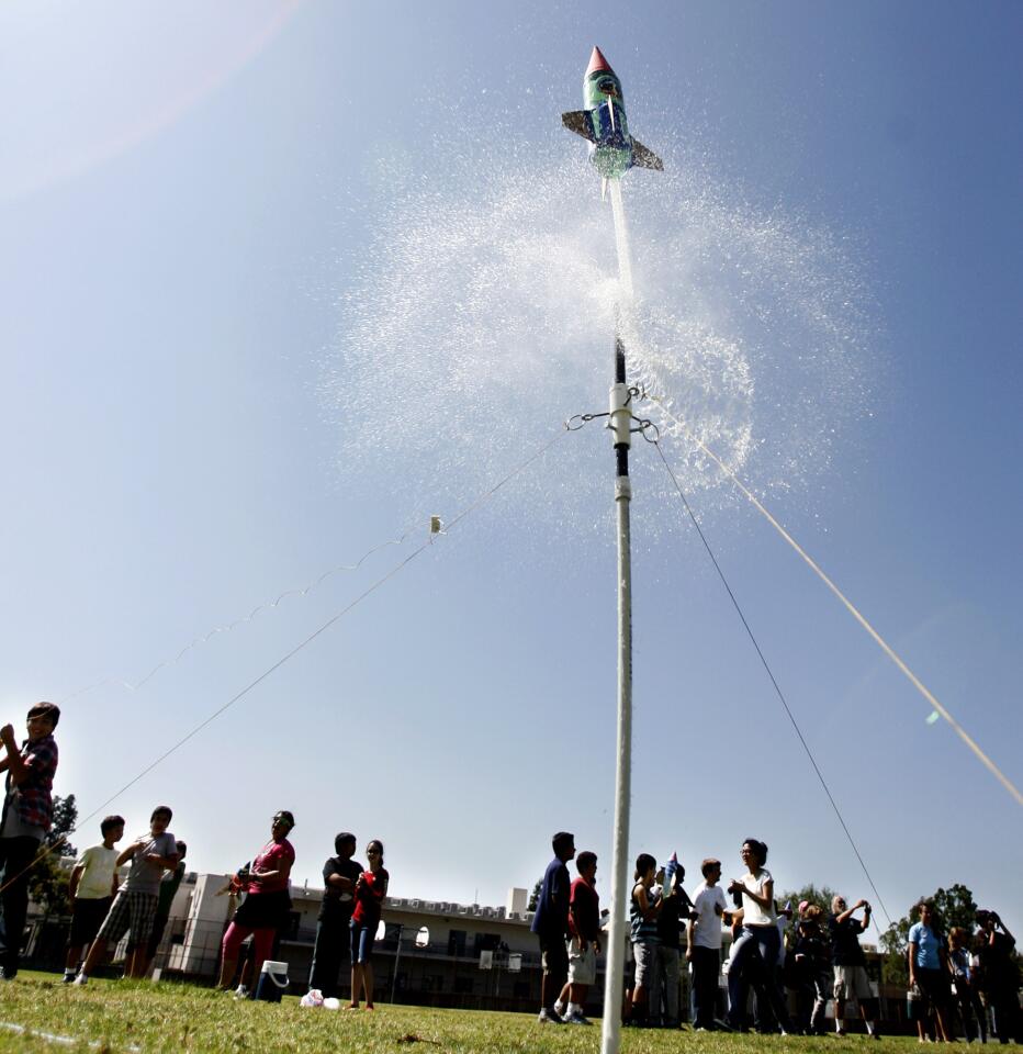 Wilson Middle School Math & Engineering Program (MESA) students launched plastic bottle rockets at the Glendale school on Friday, Sept. 28, 2012. The rockets were made from empty two-liter plastic bottles filled with water and pumped with air.