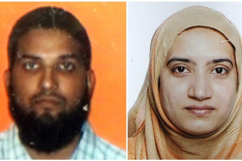 At left, Syed Farook in an undated student ID card photo from California State University, Fullerton. At right, an undated handout photo of Tashfeen Malik.
