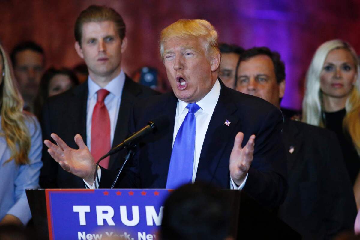 Republican frontrunner Donald Trump speaks in New York on April 26 after winning primaries in Pennsylvania, Maryland, Connecticut, Rhode Island and Delaware.