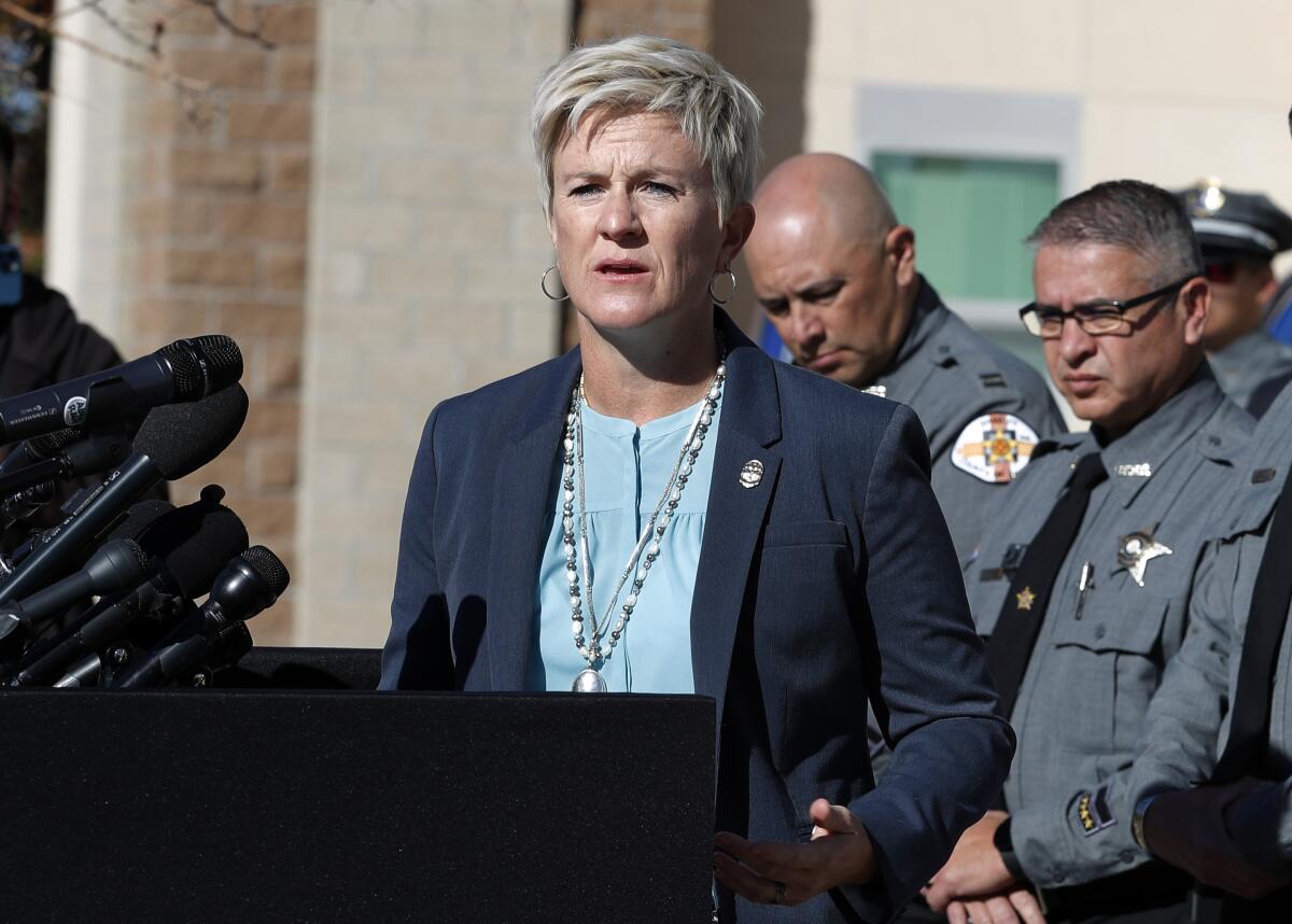FILE - Santa Fe District Attorney Mary Carmack-Altwies speaks during a news conference in Santa Fe, N.M., Wednesday, Oct. 27, 2021. Carmack-Altwies says her office will decide whether criminal charges will be filed in the fatal film-set shooting of a cinematographer by actor Alec Baldwin once the investigation is complete. In a statement issued Wednesday, Aug. 3, 2022, Carmack-Altwies said that her office has received only portions of the investigation from the Santa Fe County Sheriff's Office. (AP Photo/Andres Leighton, File)