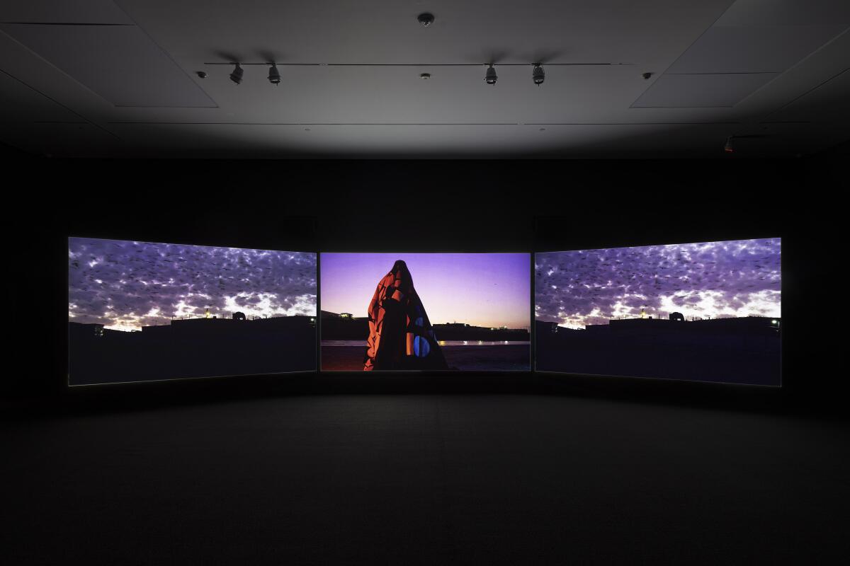 Installation view of Doug Aitken "Flags and Debris," a collaboration with L.A. Dance Project, at Regen Projects, Los Angeles