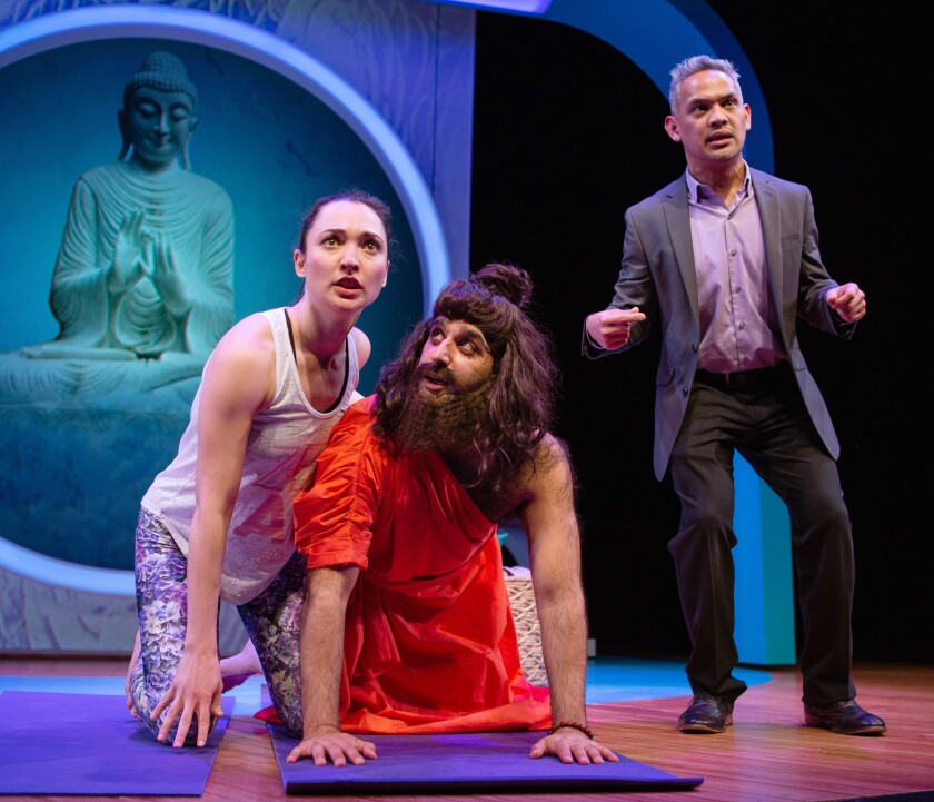 Ayelet Firstenberg, left, Bobak Bakhtiari and Ryan Morales in “Yoga Play” at the San Francisco Playhouse.