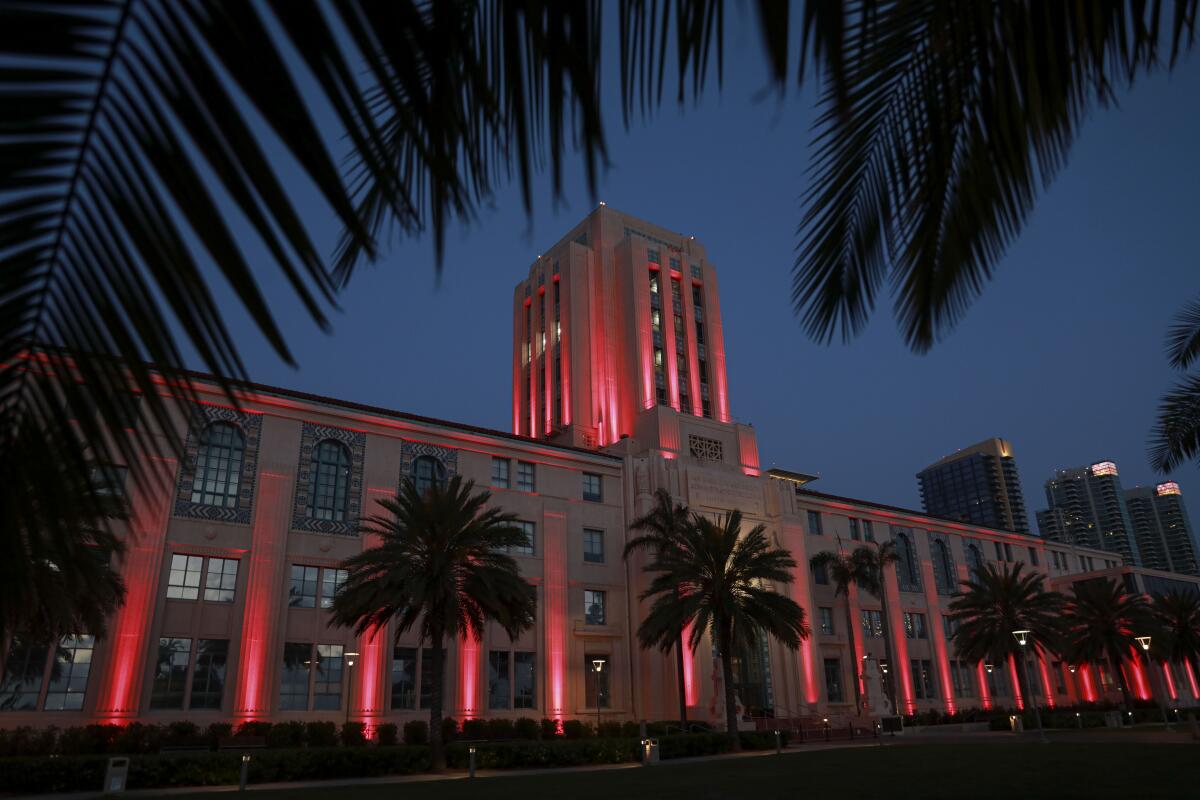View of the County Administration Center lit-up with red light