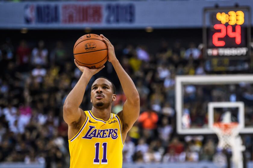 SHENZHEN, CHINA - OCTOBER 12: #11 Avery Bradley of the Los Angeles Lakers in action during a preseason game as part of 2019 NBA Global Games China at Shenzhen Universiade Center on October 12, 2019 in Shenzhen, Guangdong, China. (Photo by Stringer/Anadolu Agency via Getty Images)