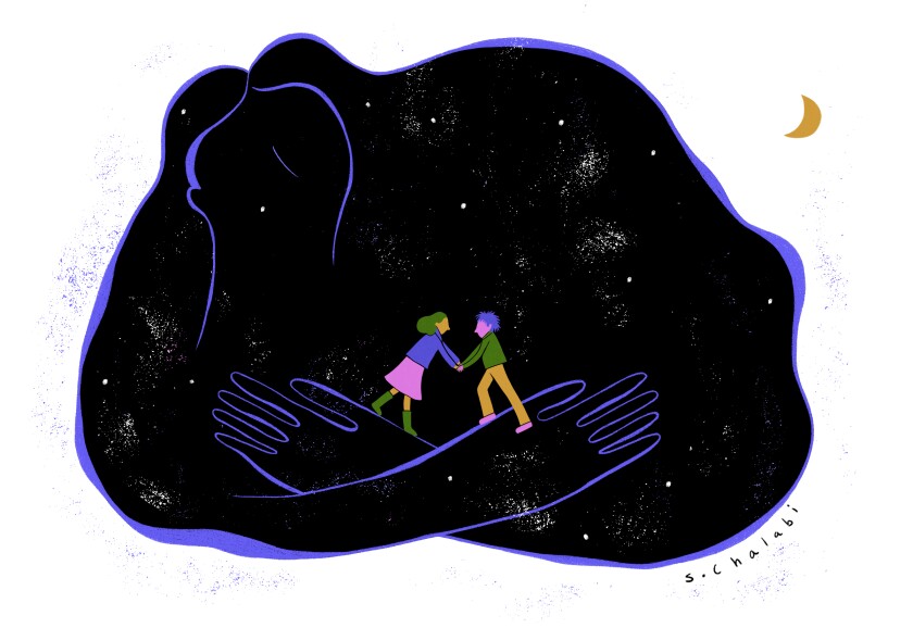 Illustration of a mother, from the heavens, embracing her daughter and her new boyfriend.