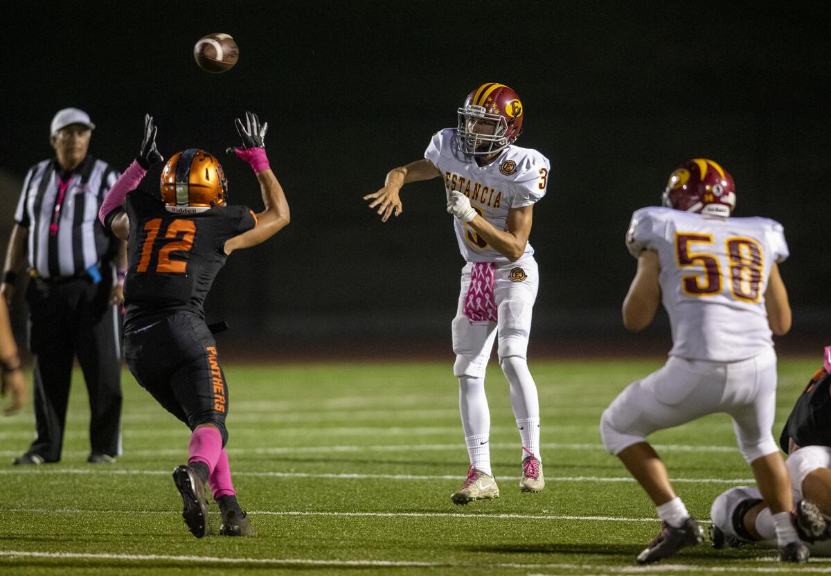 Estancia quarterback Cameron Knickerbocker, shown throwing against Orange on Oct. 17, leads the Eagles into Friday's Battle for the Bell game at rival Costa Mesa.