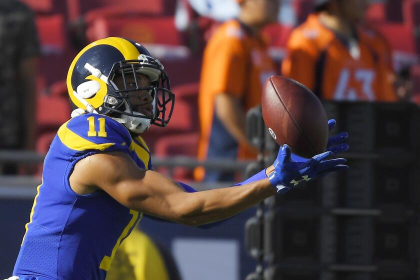 Los Angeles Rams wide receiver KhaDarel Hodge makes a catch prior to a preseason NFL football game against the Denver Broncos Saturday, Aug. 24, 2019, in Los Angeles. (AP Photo/Mark J. Terrill)