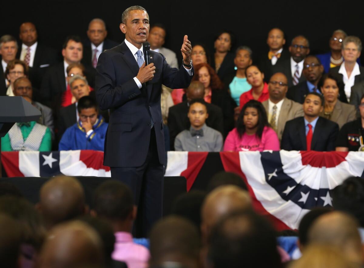 President Obama, at the Walker Jones Education Campus in Washington, speaks about the My Brother's Keeper initiative, a program intended to help young minority males.