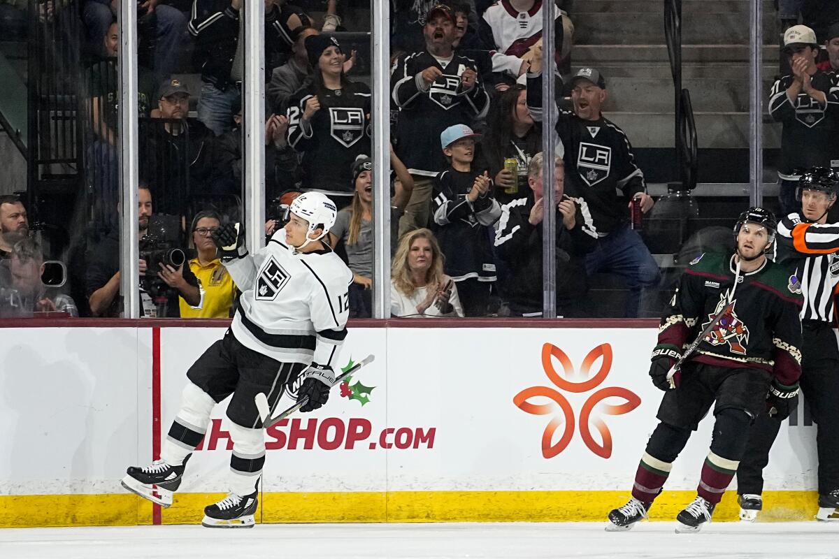 Kings center Trevor Moore celebrates after scoring during a road win over the Arizona Coyotes on Monday.