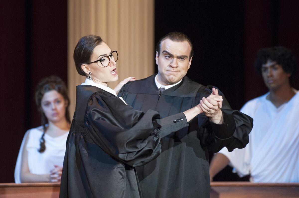 Ellen Wieser portrays Justice Ruth Bader Ginsburg and John Overholt is fellow Justice Antonin Scalia in a rehearsal of the Castleton Festival production of the opera "Scalia/Ginsburg" in 2015.