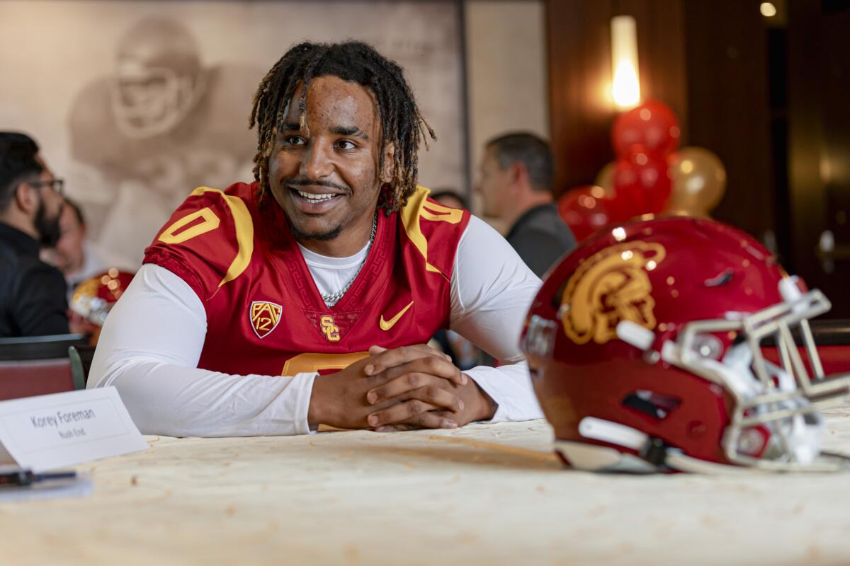 Korey Foreman talks to reporters at USC media day on Aug. 4.