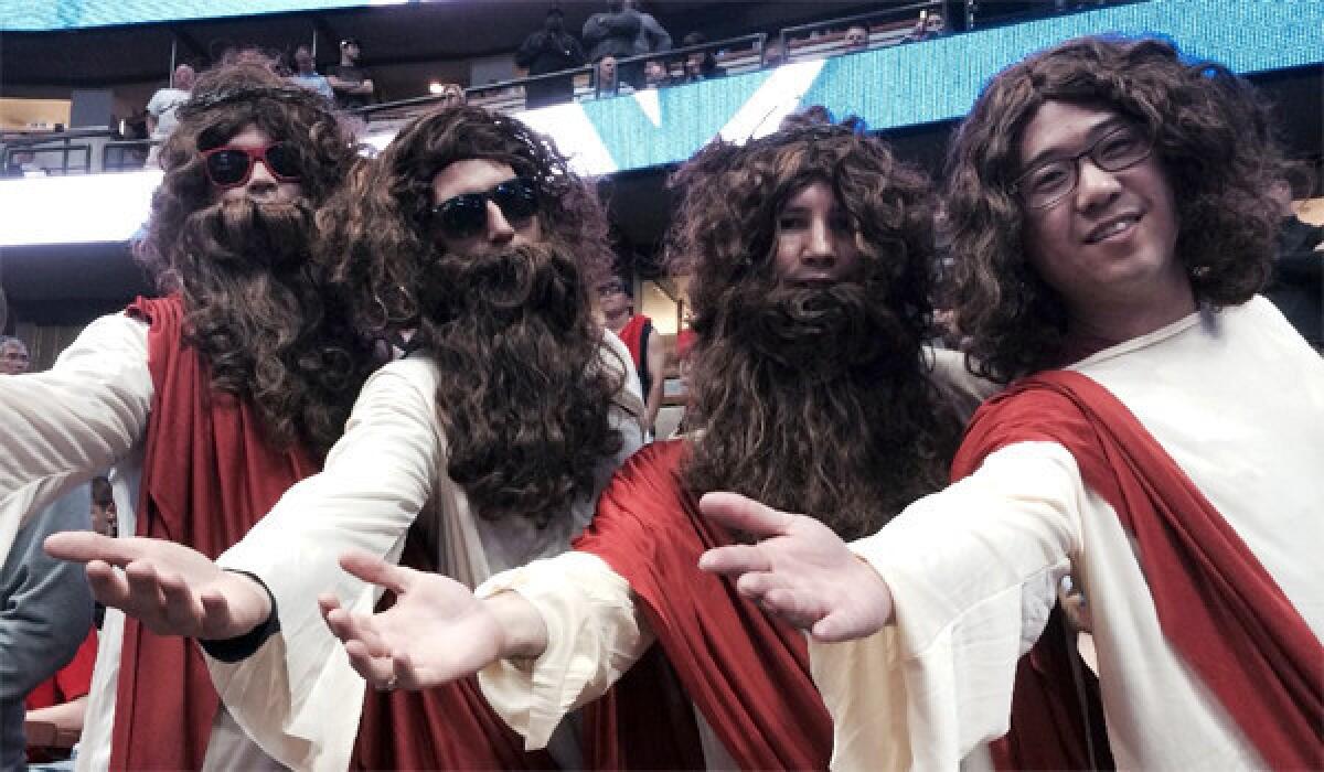 The four "Jesi," (left to right) Erik Velie, Eli Gordon, Ryan Anderson and Jerry Park, at Honda Center Thursday night.