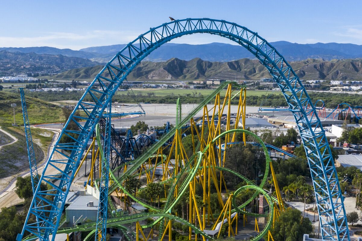 Aerial view of Six Flags Magic Mountain and the Dive Devil ride.