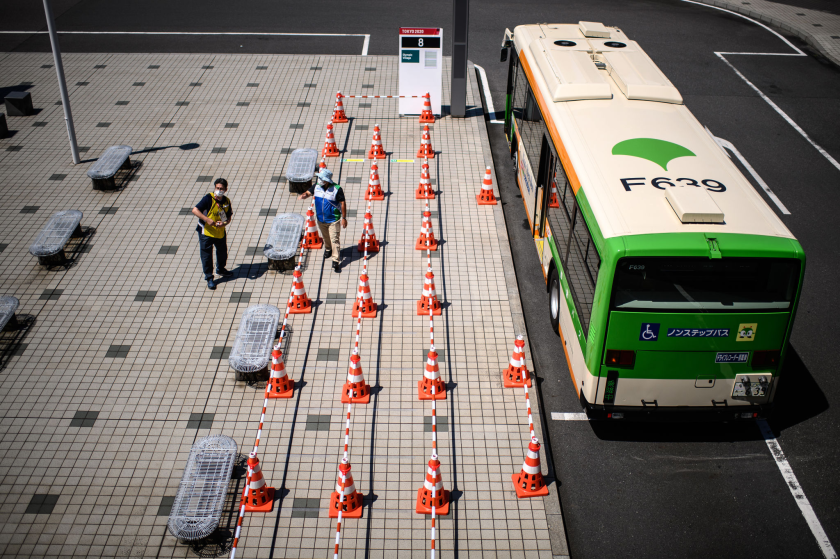 A bus outside the main media center at the Tokyo Olympic Games.