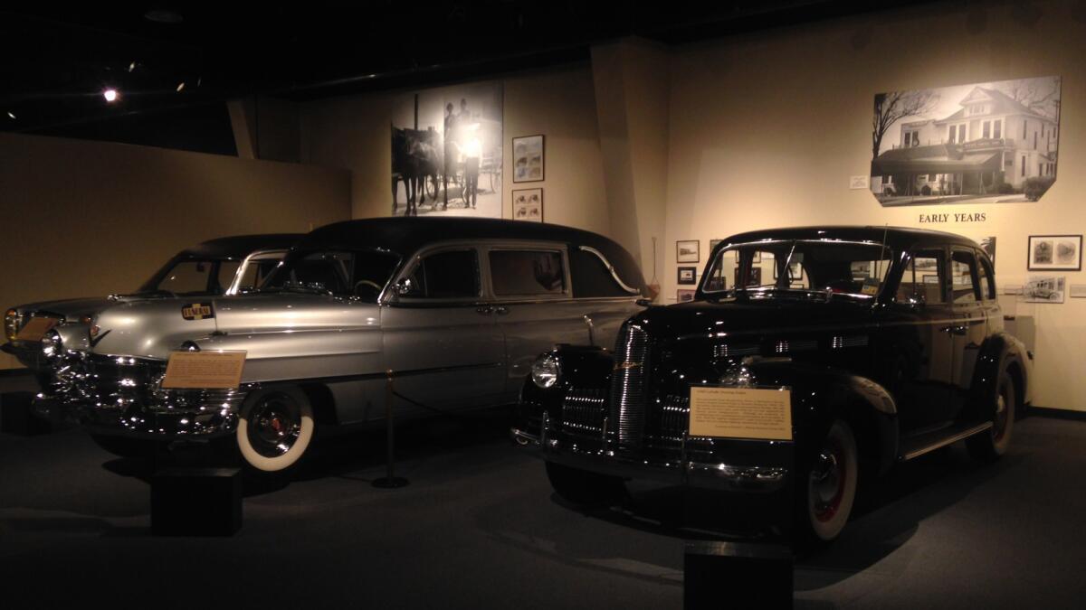 Hearses line the exhibit space at the National Museum of Funeral History in Houston.