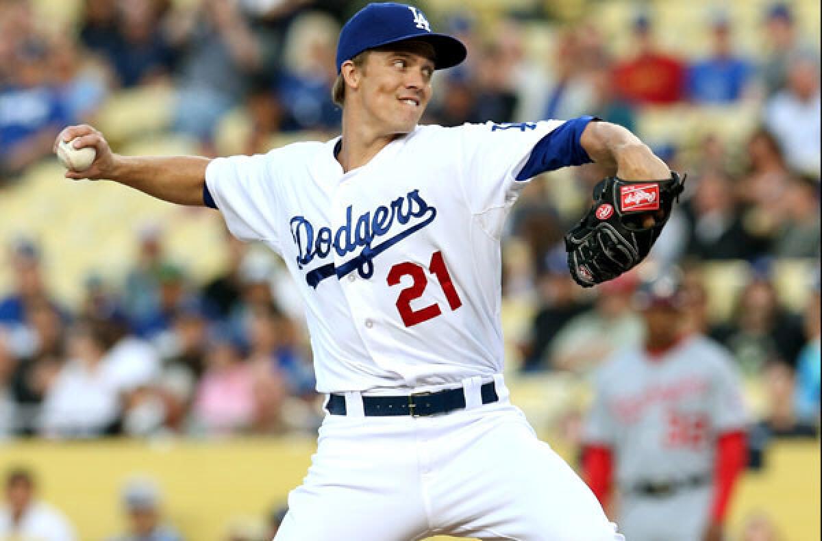 Dodgers starting pitcher Zack Greinke went five-plus innings against the Nationals on Wednesday night in his return to the rotation.