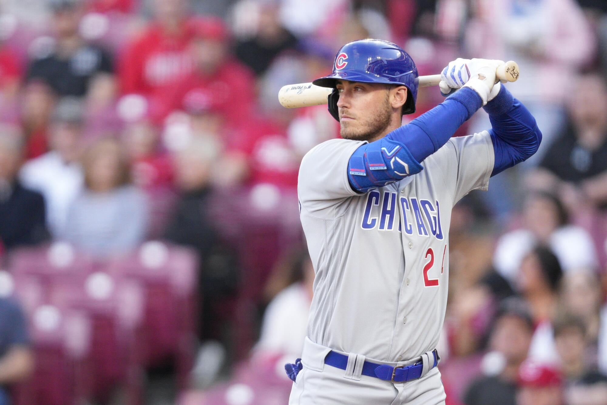 Cody Bellinger bats for the Chicago Cubs in a game against the Cincinnati Reds on April 3, 2023.